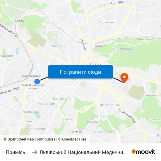Приміський Вокзал to Львівський Національний Медичний Університет Імені Данила Галицького map