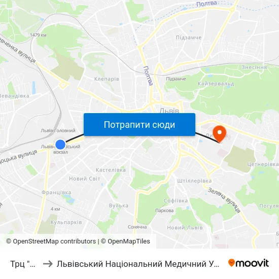Трц "Скриня" to Львівський Національний Медичний Університет Імені Данила Галицького map