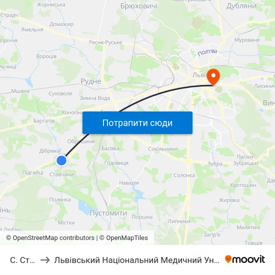 С. Ставчани to Львівський Національний Медичний Університет Імені Данила Галицького map