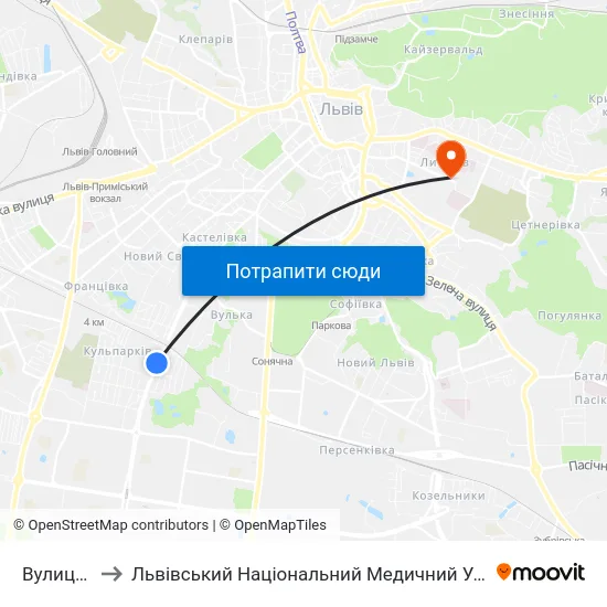 Вулиця Аркаса to Львівський Національний Медичний Університет Імені Данила Галицького map
