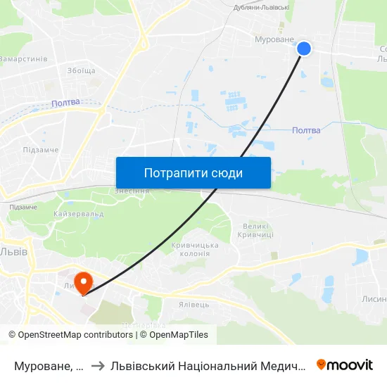 Муроване, Вулиця Підлипи to Львівський Національний Медичний Університет Імені Данила Галицького map