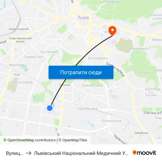 Вулиця Янева to Львівський Національний Медичний Університет Імені Данила Галицького map