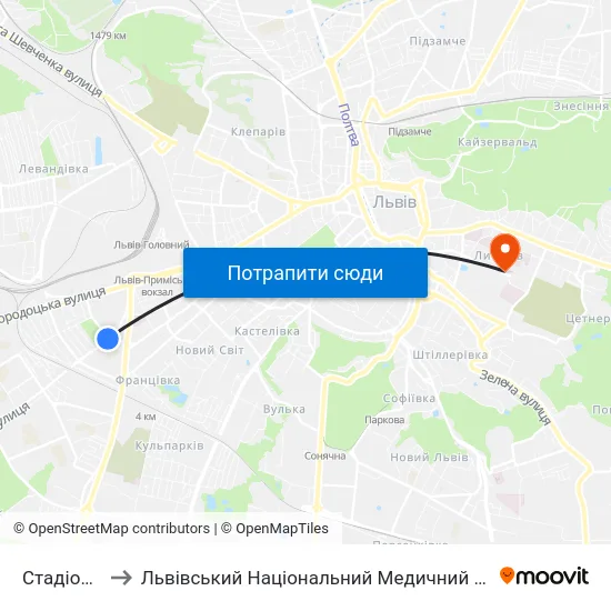 Стадіон Сільмаш to Львівський Національний Медичний Університет Імені Данила Галицького map