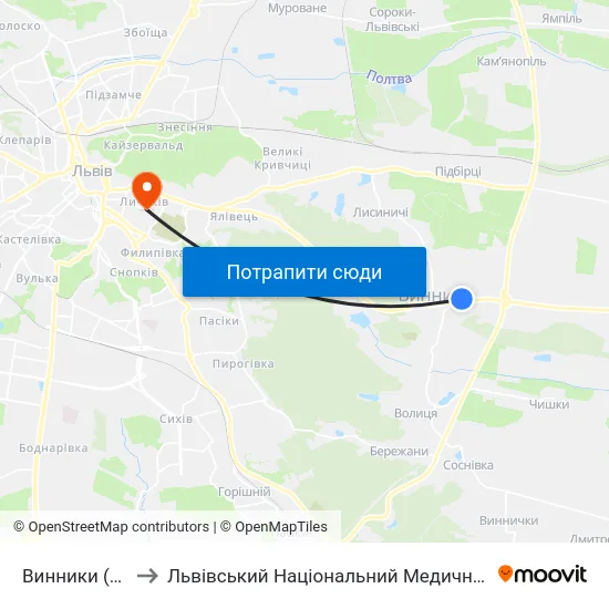 Винники (Вул. Сахарова) to Львівський Національний Медичний Університет Імені Данила Галицького map