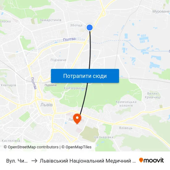 Вул. Чигиринська to Львівський Національний Медичний Університет Імені Данила Галицького map