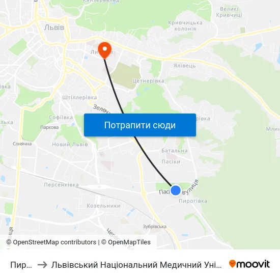 Пирогівка to Львівський Національний Медичний Університет Імені Данила Галицького map