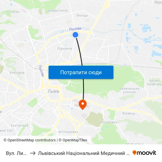 Вул. Липинського to Львівський Національний Медичний Університет Імені Данила Галицького map