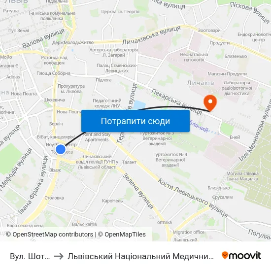 Вул. Шота Руставелі to Львівський Національний Медичний Університет Імені Данила Галицького map