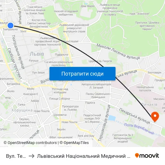 Вул. Театральна to Львівський Національний Медичний Університет Імені Данила Галицького map