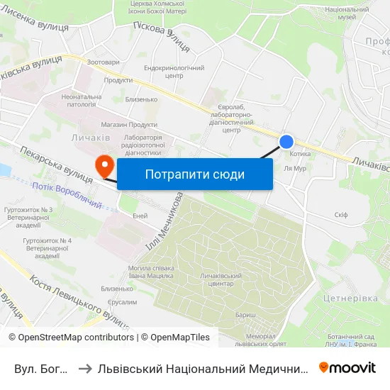 Вул. Богдана Котика to Львівський Національний Медичний Університет Імені Данила Галицького map