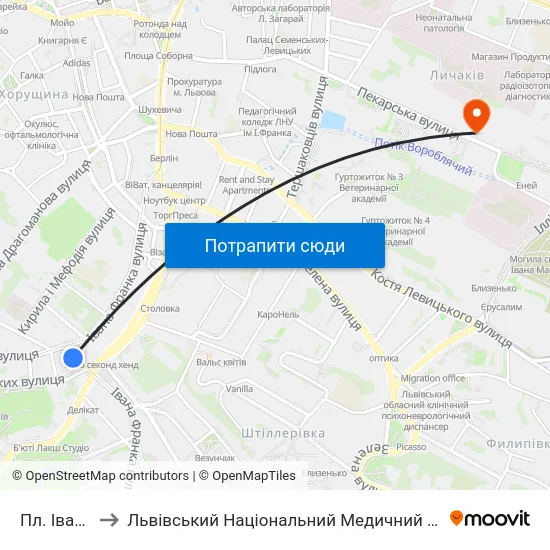 Пл. Івана Франка to Львівський Національний Медичний Університет Імені Данила Галицького map