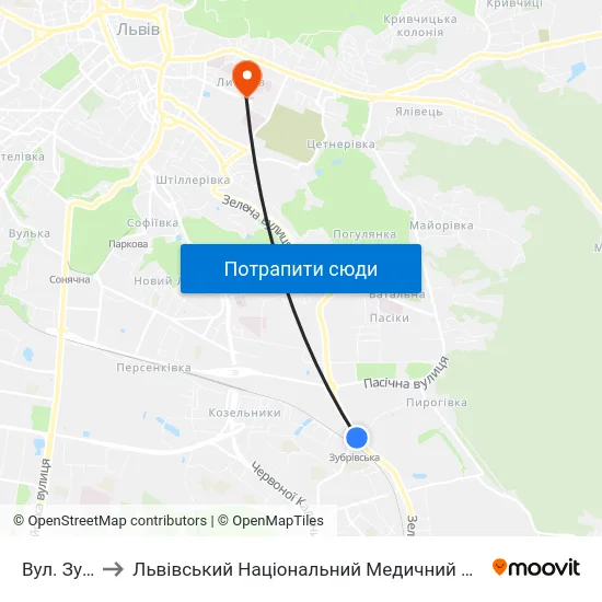 Вул. Зубрівська to Львівський Національний Медичний Університет Імені Данила Галицького map