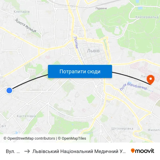 Вул. Русових to Львівський Національний Медичний Університет Імені Данила Галицького map