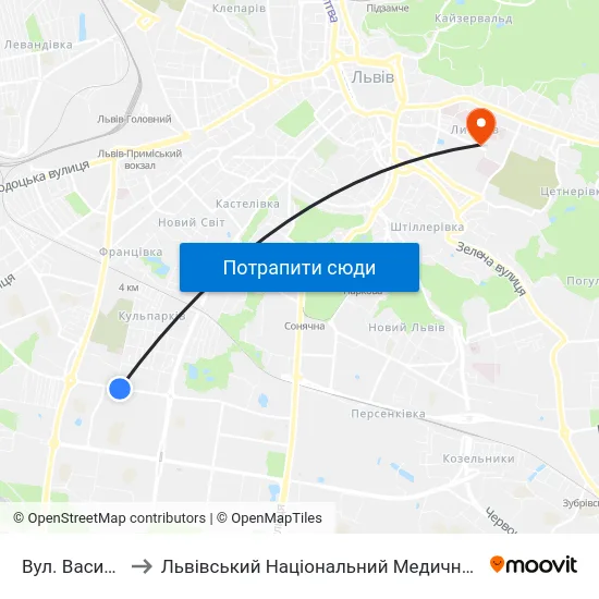 Вул. Василя Симоненка to Львівський Національний Медичний Університет Імені Данила Галицького map