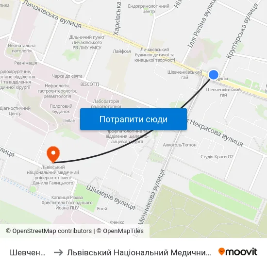 Шевченківський Гай to Львівський Національний Медичний Університет Імені Данила Галицького map