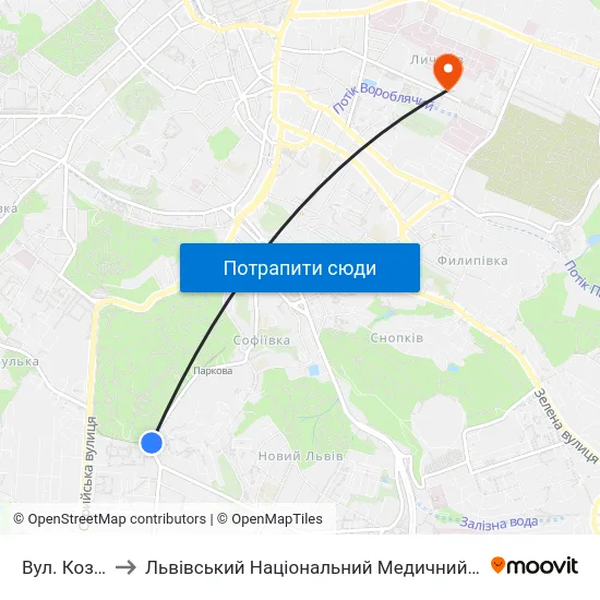 Вул. Козельницька to Львівський Національний Медичний Університет Імені Данила Галицького map