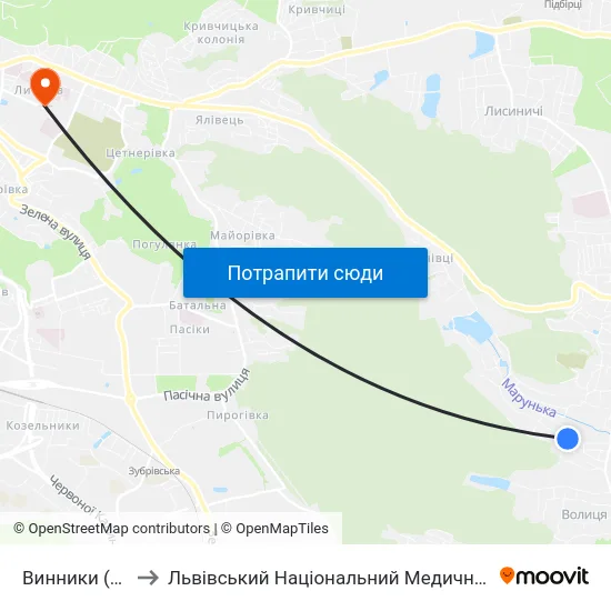 Винники (Вул. Козацька) to Львівський Національний Медичний Університет Імені Данила Галицького map