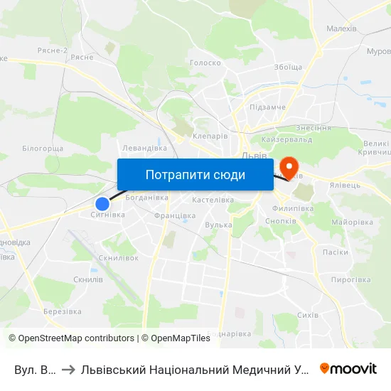Вул. Вільхова to Львівський Національний Медичний Університет Імені Данила Галицького map