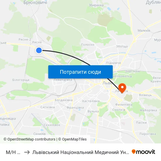М/Н Рясне-1 to Львівський Національний Медичний Університет Імені Данила Галицького map