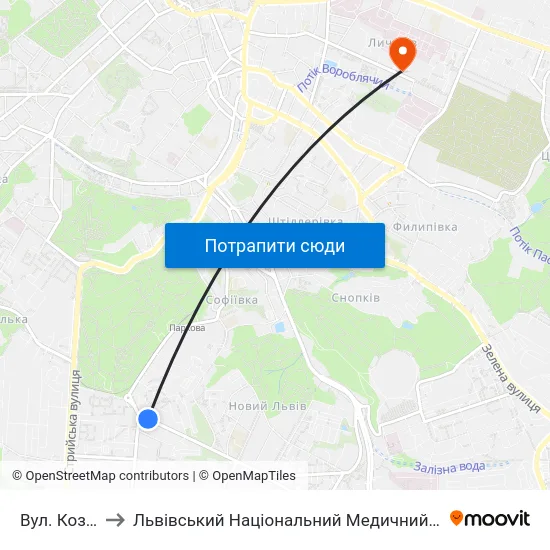 Вул. Козельницька to Львівський Національний Медичний Університет Імені Данила Галицького map