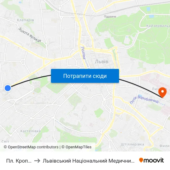 Пл. Кропивницького to Львівський Національний Медичний Університет Імені Данила Галицького map