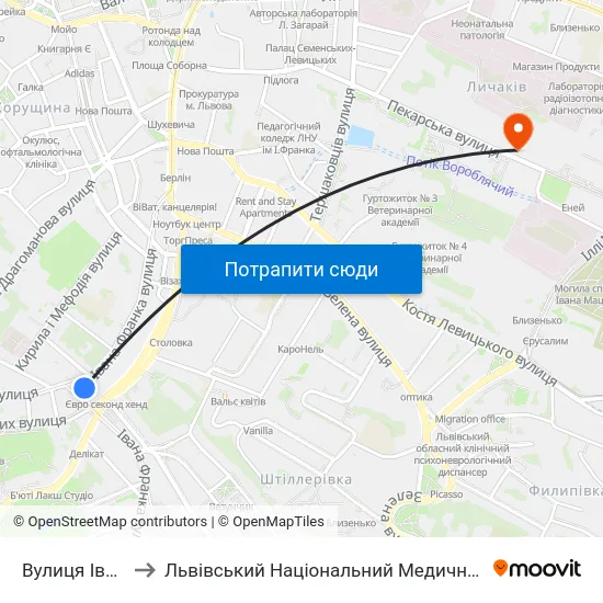 Вулиця Івана Франка, 75 to Львівський Національний Медичний Університет Імені Данила Галицького map