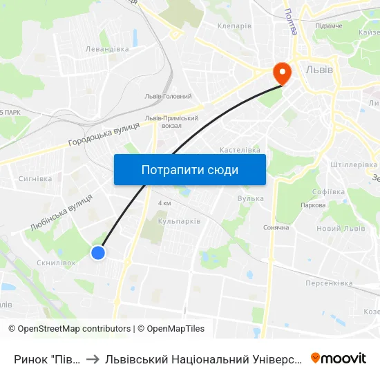 Ринок "Південний" to Львівський Національний Університет Ім. Івана Франка map