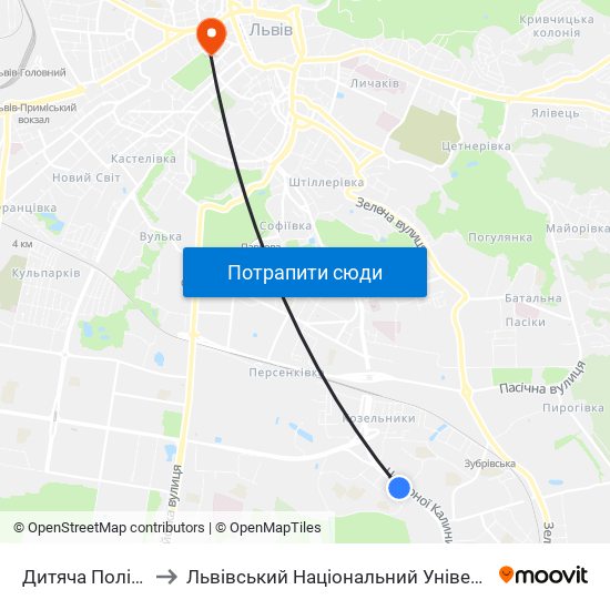 Дитяча Поліклініка №4 to Львівський Національний Університет Ім. Івана Франка map