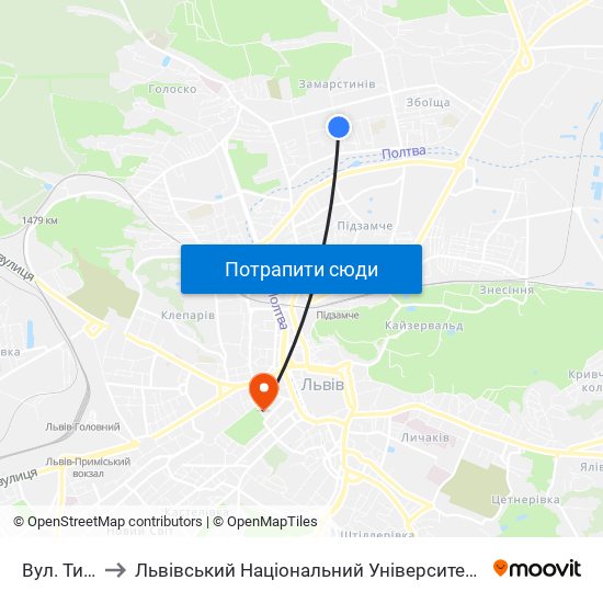 Вул. Тичини to Львівський Національний Університет Ім. Івана Франка map