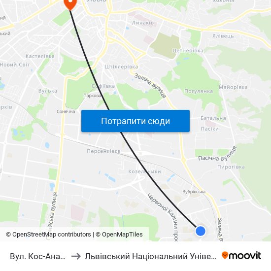 Вул. Кос-Анатольського to Львівський Національний Університет Ім. Івана Франка map