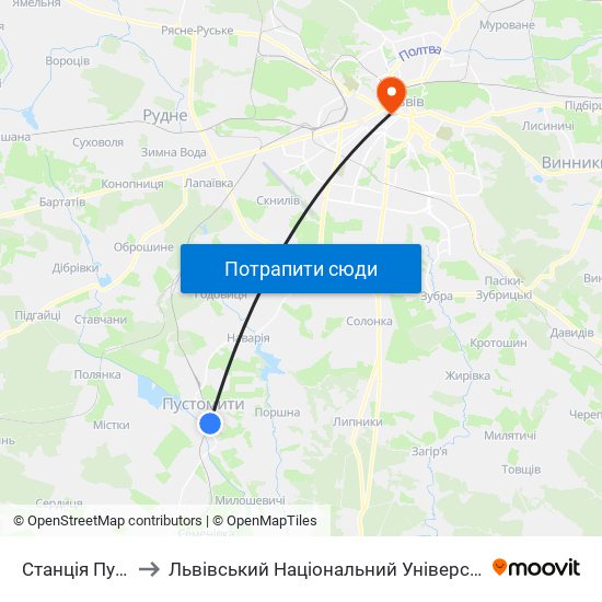 Станція Пустомити to Львівський Національний Університет Ім. Івана Франка map