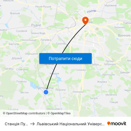 Станція Пустомити to Львівський Національний Університет Ім. Івана Франка map