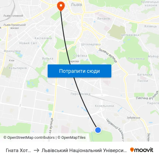 Гната Хоткевича to Львівський Національний Університет Ім. Івана Франка map