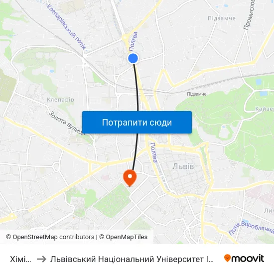 Хімічна to Львівський Національний Університет Ім. Івана Франка map
