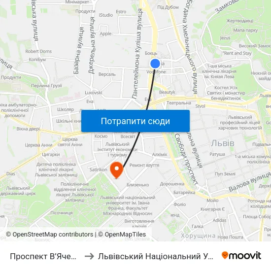 Проспект В’Ячеслава Чорновола to Львівський Національний Університет Ім. Івана Франка map