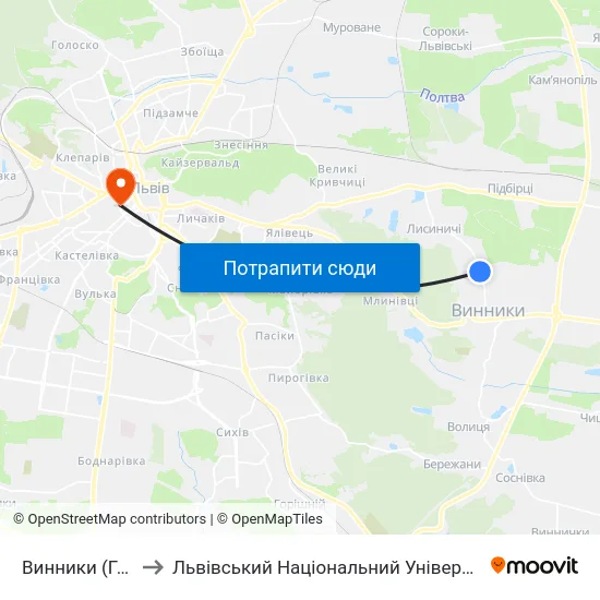 Винники (Госпіталь) to Львівський Національний Університет Ім. Івана Франка map