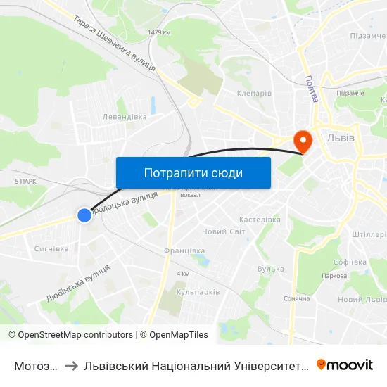 Мотозавод to Львівський Національний Університет Ім. Івана Франка map