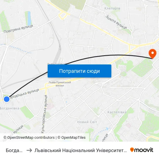 Богданівка to Львівський Національний Університет Ім. Івана Франка map
