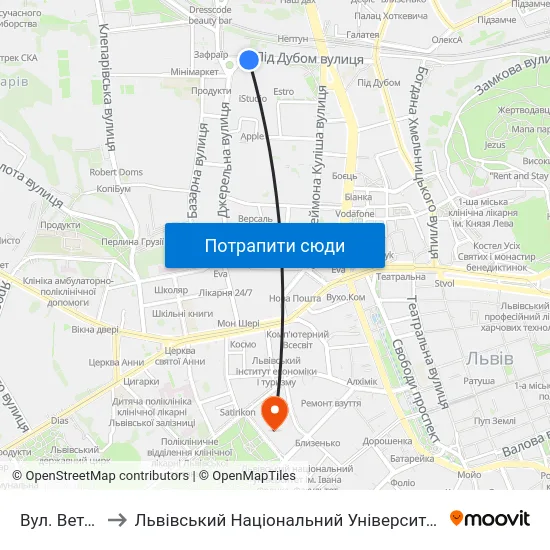 Вул. Ветеранів to Львівський Національний Університет Ім. Івана Франка map