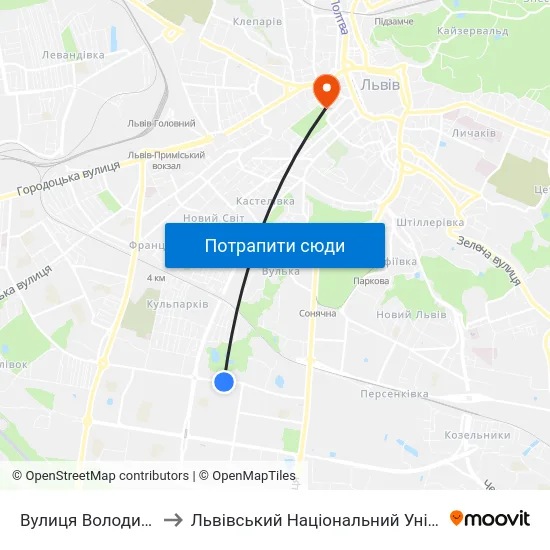 Вулиця Володимира Великого to Львівський Національний Університет Ім. Івана Франка map