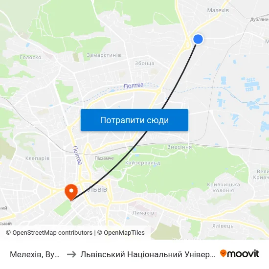 Мелехів, Вулиця Нова to Львівський Національний Університет Ім. Івана Франка map