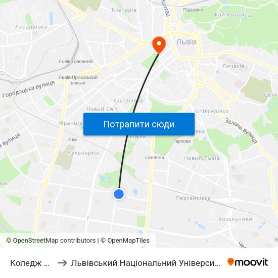 Коледж Зв’Язку to Львівський Національний Університет Ім. Івана Франка map