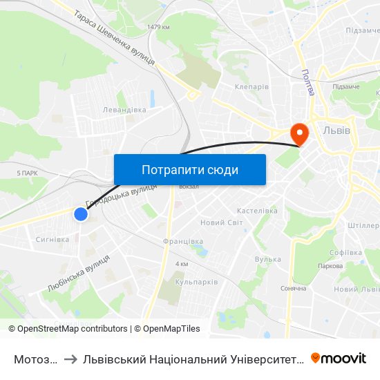 Мотозавод to Львівський Національний Університет Ім. Івана Франка map