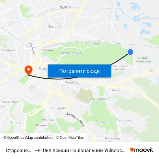 Старознесенська to Львівський Національний Університет Ім. Івана Франка map