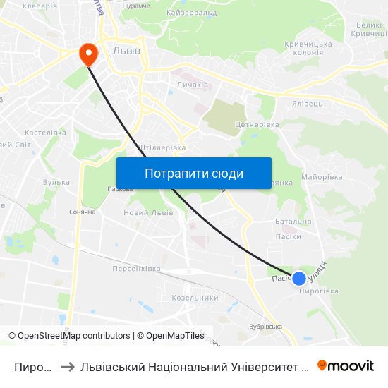 Пирогівка to Львівський Національний Університет Ім. Івана Франка map