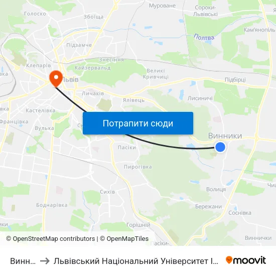 Винники to Львівський Національний Університет Ім. Івана Франка map