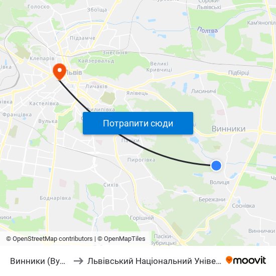 Винники (Вул. Козацька) to Львівський Національний Університет Ім. Івана Франка map