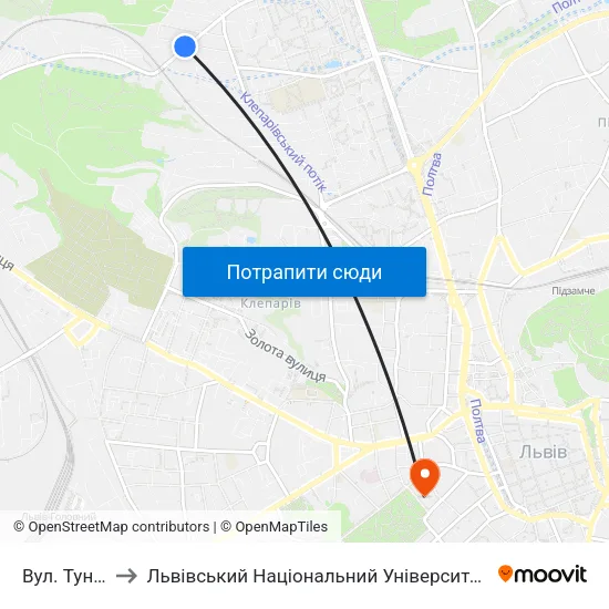 Вул. Тунельна to Львівський Національний Університет Ім. Івана Франка map