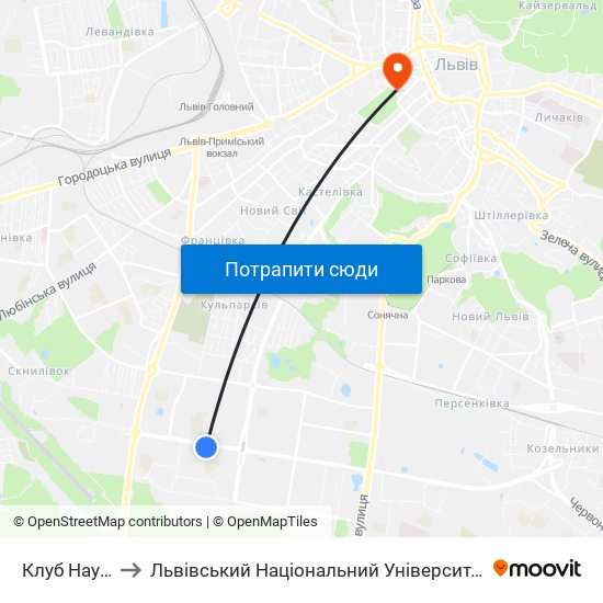 Клуб Науковий to Львівський Національний Університет Ім. Івана Франка map