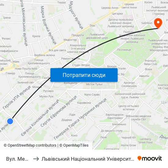 Вул. Мельника to Львівський Національний Університет Ім. Івана Франка map